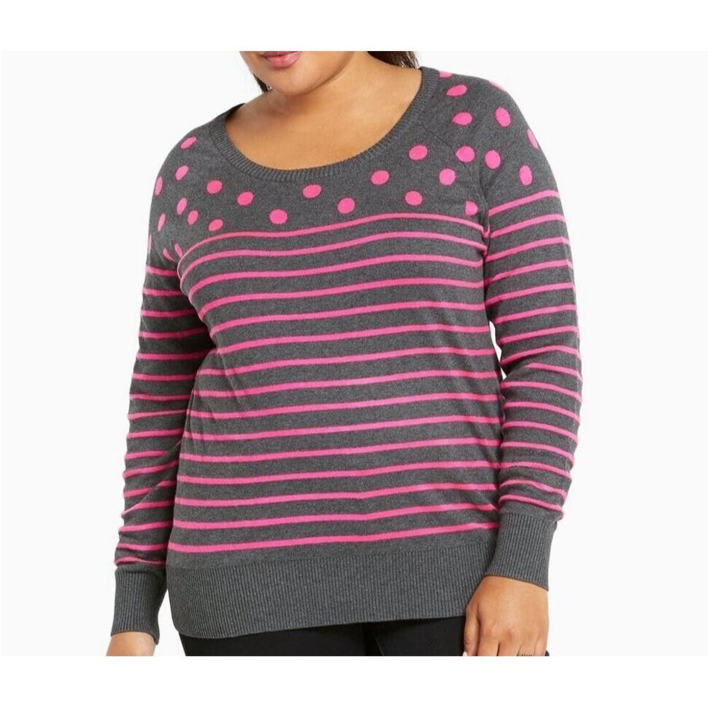 Torrid Womens Size 3 Polka-Dot‎ Striped Sweater Gray Hot Pink Long Sleeve